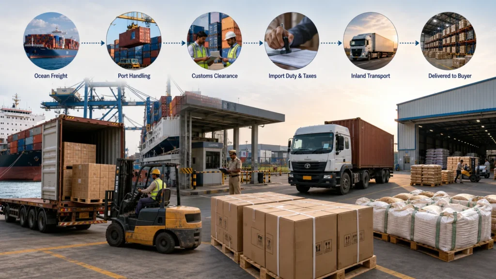 How to Calculate the Landed Cost of Agricultural Products Imported from India Agricultural shipment logistics showing how freight customs port charges and inland transport increase final landed cost per kilogram