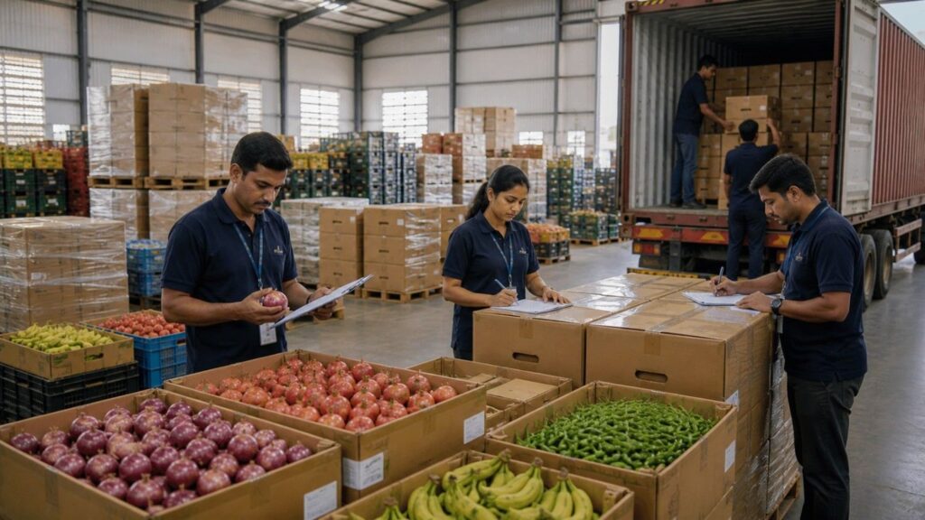 Quality control inspection of Indian agricultural export shipment before international shipping