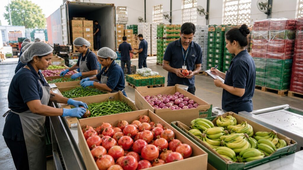 Indian agricultural produce being sourced, sorted, inspected and packed for export