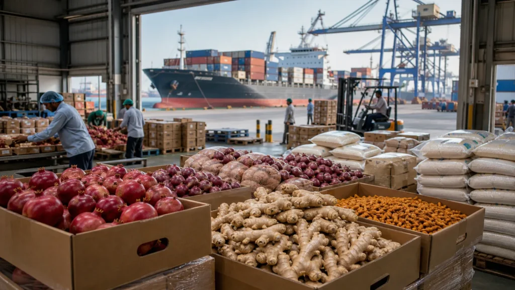 How to Calculate the Landed Cost of Agricultural Products Imported from India Indian agricultural products prepared for international export shipment at a port warehouse